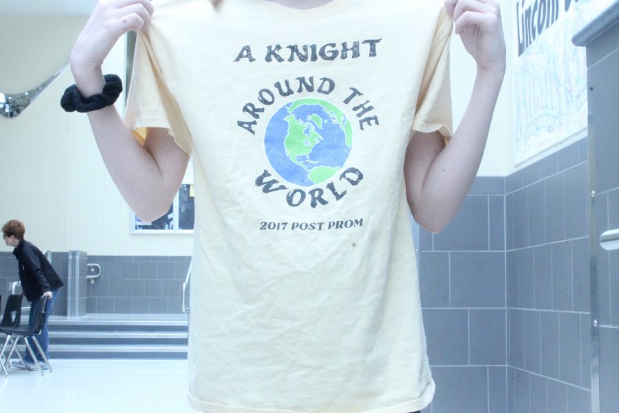 The first 200 people to enter post prom recieved this T-shirt. The shirt has a globe in the middle surrounded by the theme of post prom: A Knight Around The World.