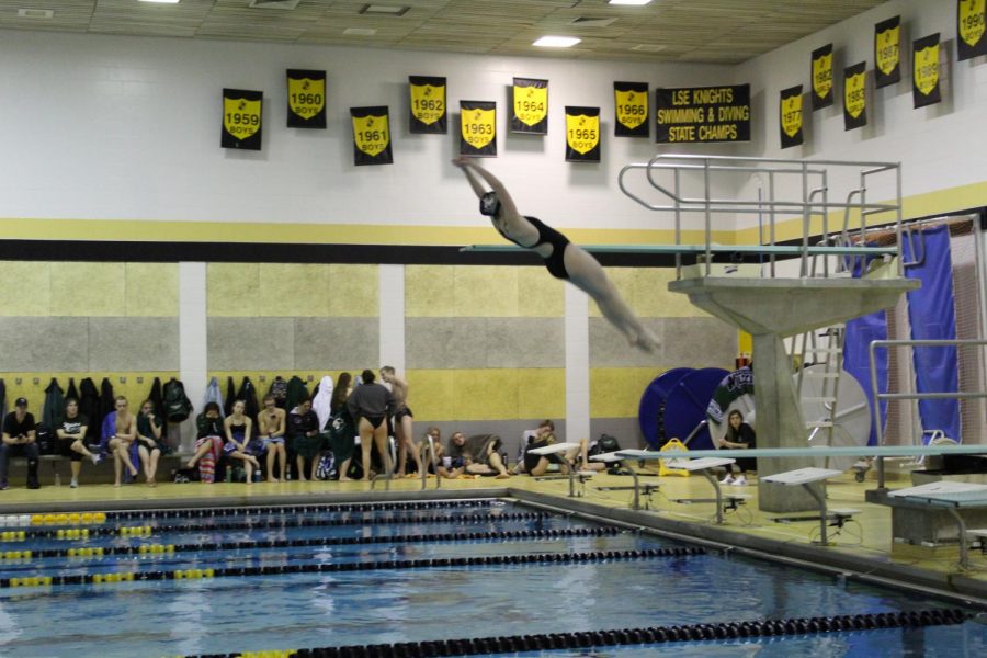 Rose Kaup completes backwards dive at the Millard West meet.