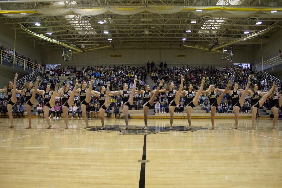 The+Shirettes+Dance+Team+assemble+into+a+kick-line+at+the+Spring+Pep+Rally.%0APhoto+Cred%3A+Alyssa+Johnson