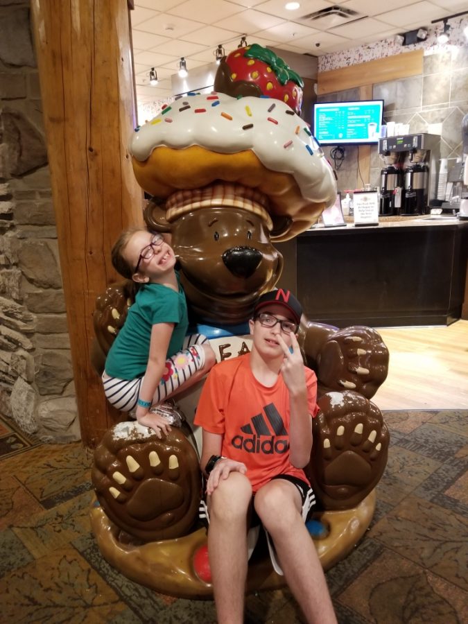 Freshman Cillian Smith poses for a picture with his sister, while spending time with his family this summer at Great Wolf Lodge in Kansas City. Photo by Amy Smith (Cillian's mom)