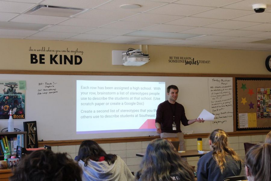 English teacher, Patrick Kirkland, teaches students about stereotypes in his English 9D class.