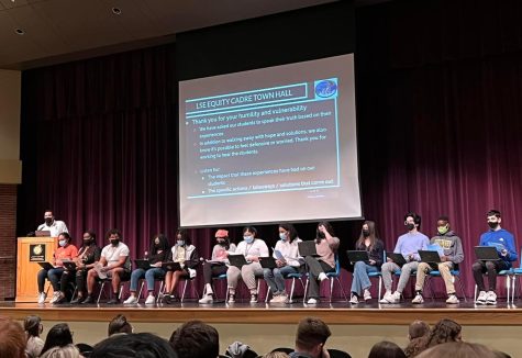 LSE Equity Cadre members sit on the stage in the theater on Feb. 15, 2022. The students addressed the LSE staff and answered questions pertaining to equity in Southeast High School.