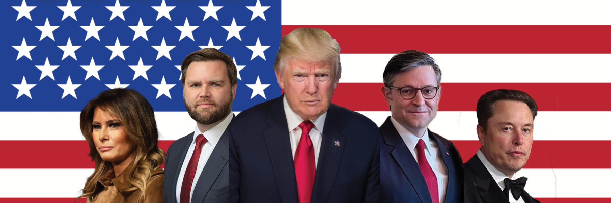 (From left to right) Melania Trump, JD Vance, Donald Trump, Mike Johnson, and Elon Musk
Graphic made by: Mollie Moses