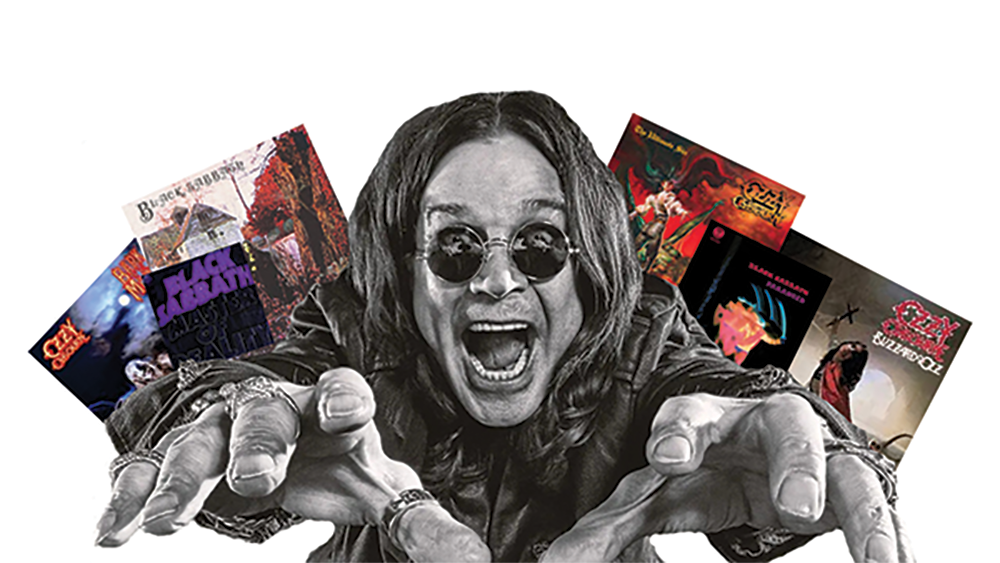 Ozzy Osbourne with solo and Black Sabbath albums.
Graphic made with Canva