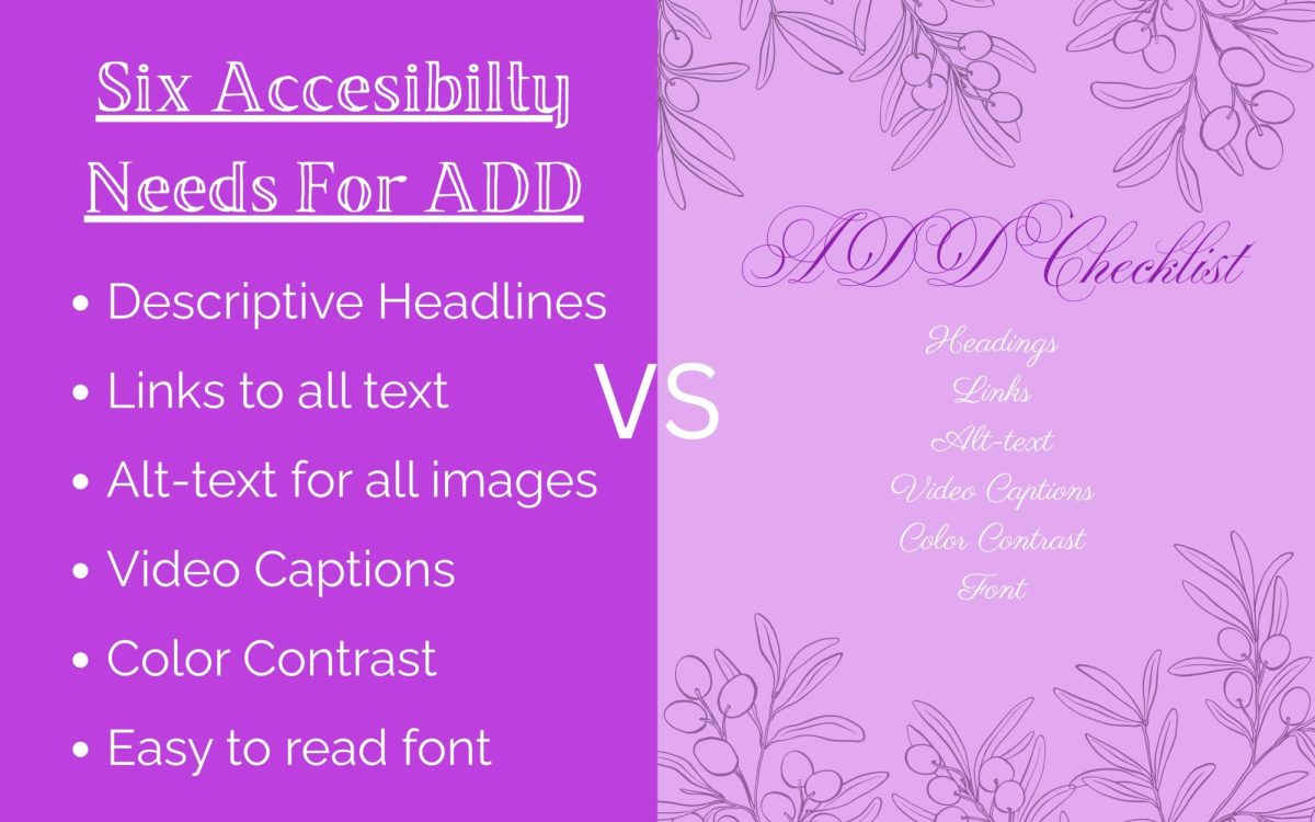 The example on the left does not follow ADA compliance. The font is hard to read.
The example on the right does follow ADA requirements for accessibility.

Graphic made with Canva by Eleanor Spady