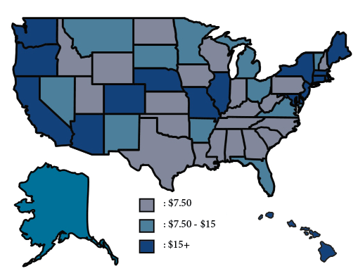 Each state’s minimum wage as of 2026.
