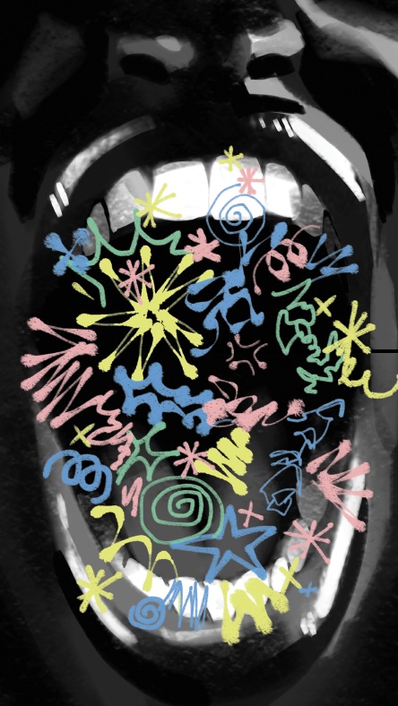 Black and white illustration with colorful doodles exploding from wide open mouth.