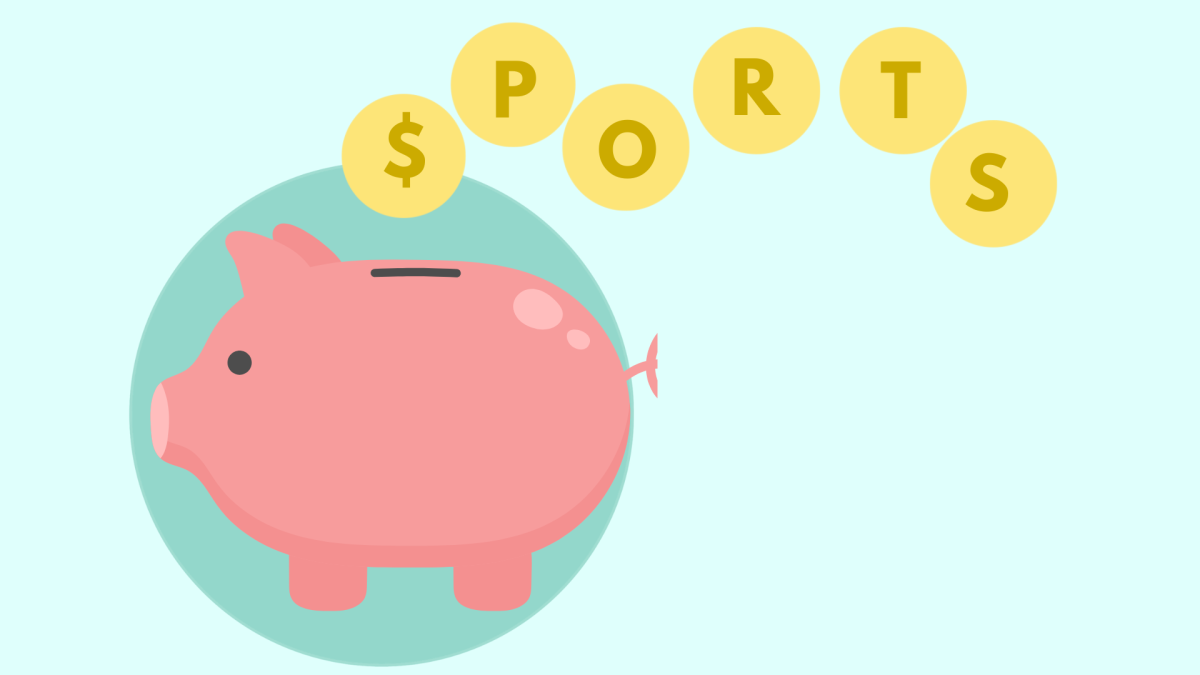 Athletic budget graphic depicting a piggy bank with coins falling out spelling the word "Sports."
