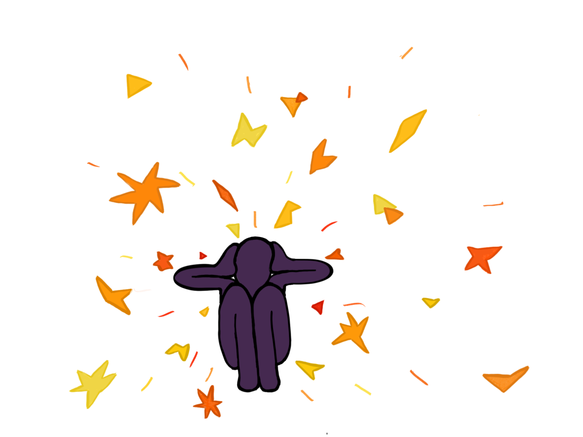 Illustration of a person holding their ears in distress as different noises or triggers surround them.