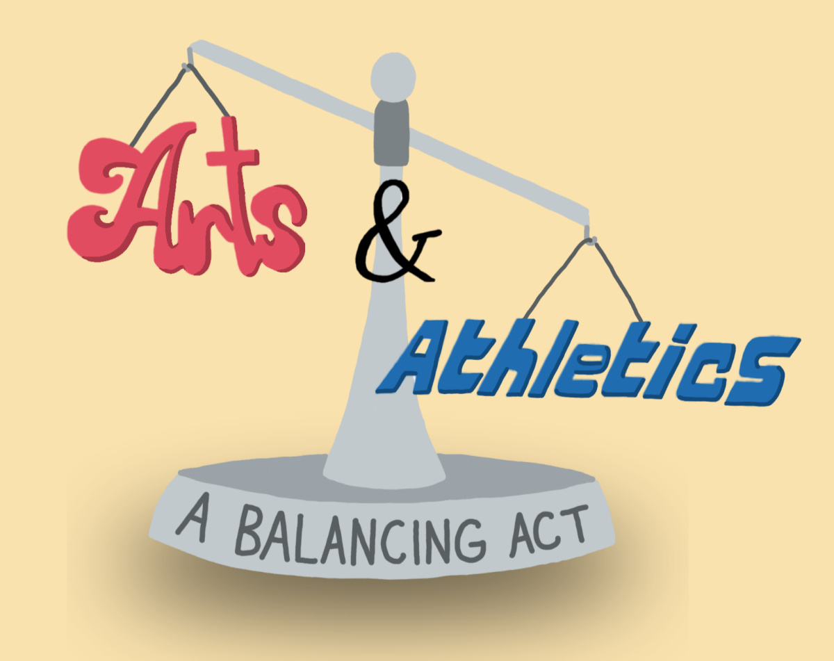 A scale depicts that athletics are given more weight than the arts.