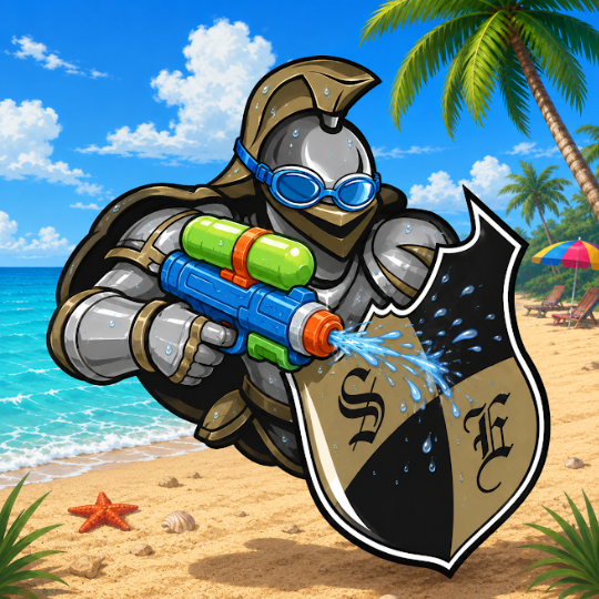 Graphic shows our Knight mascot in a nice beach scenery with swim goggle strapped it head and holding a water gun instead of a sword.

Graphic made on Blender by Mateo Kaseman 