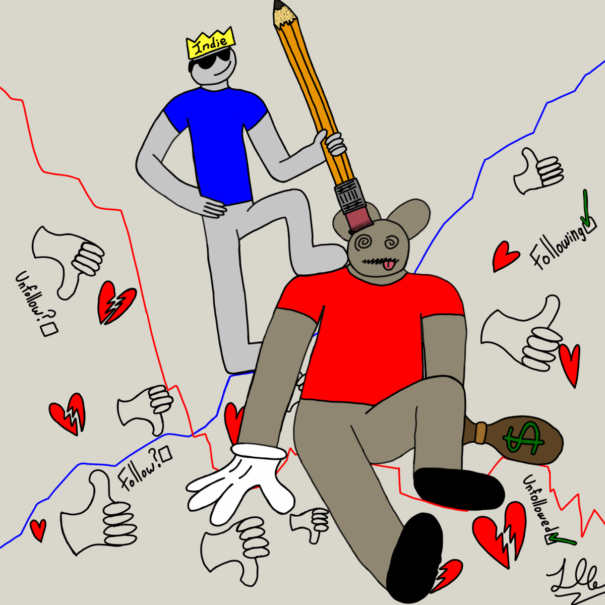 About the illustration: Indie animation, represented by the figure with the blue shirt, wielding the crown and pencil, marches over struggling major film companies expressing how indie animation is becoming the more popular media. The background shows a blue line heading upwards, likes, and thumbs-up as support for indie animation, while the red line heading downwards, dislikes, and broken hearts as the losing popularity for major film companies.