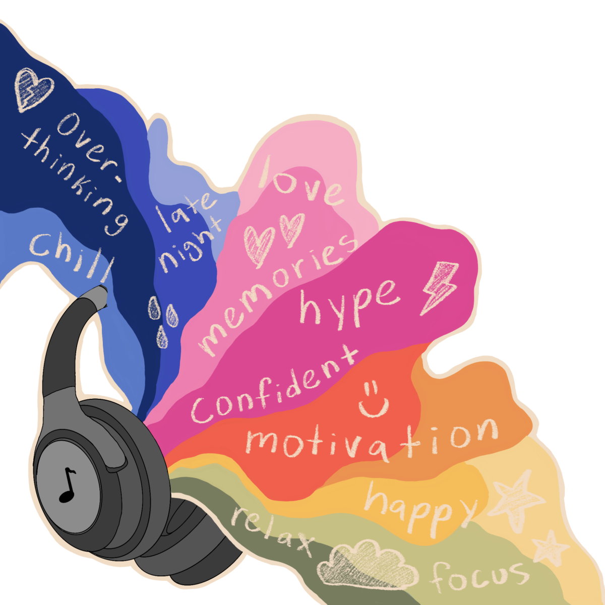 Illustration depicting headphones with colorful bursts of emotions coming out