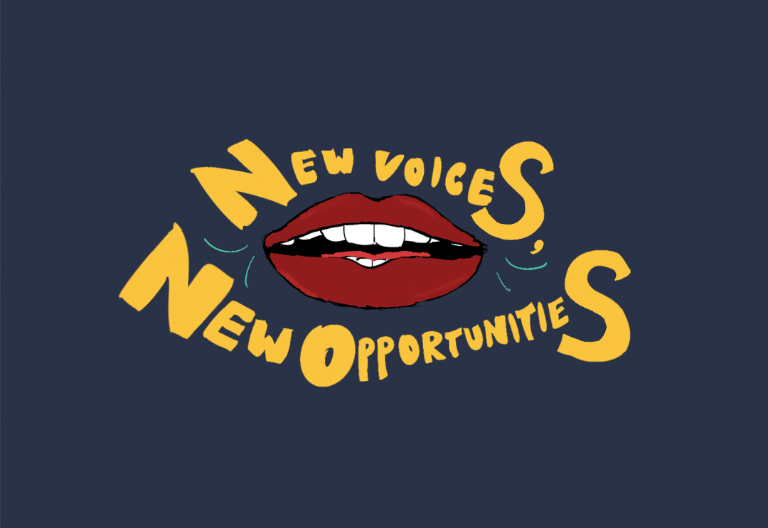 Illustrated graphic inspired by the NEw Voices logo, reads "NEw Voices, New Opportunities."