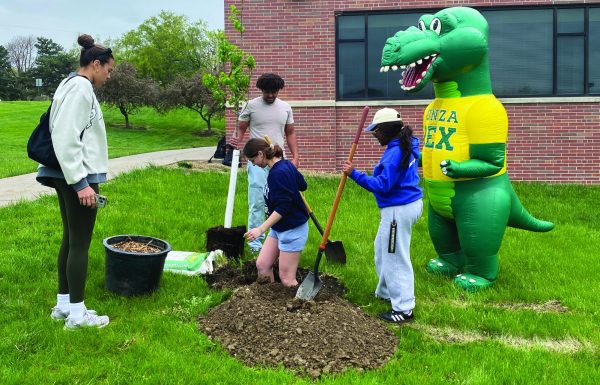 Students gathered on Arbor Day with Runza Rex to plant trees around Southeast’s campus in 2025.
Photo Courtesy: Alex Tunnison